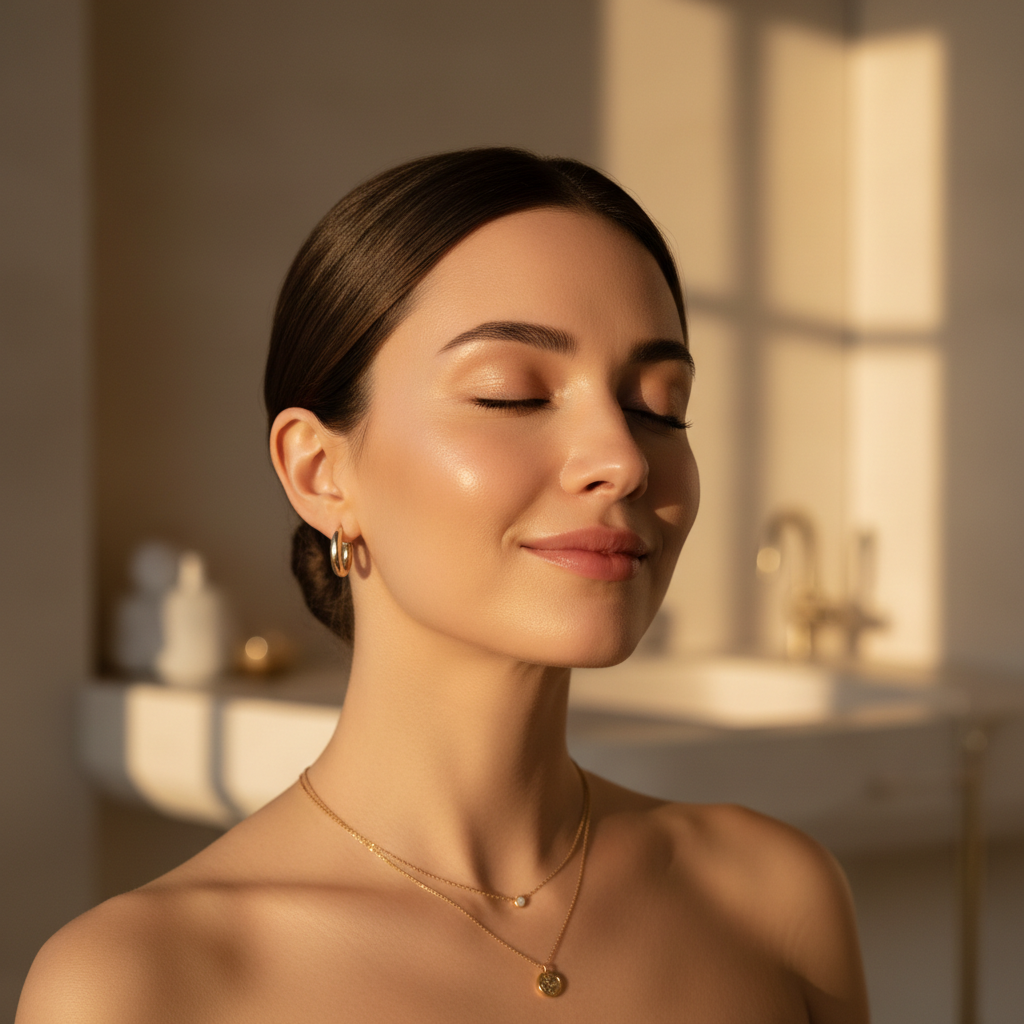 Rosto de mulher relaxado com luz dourada