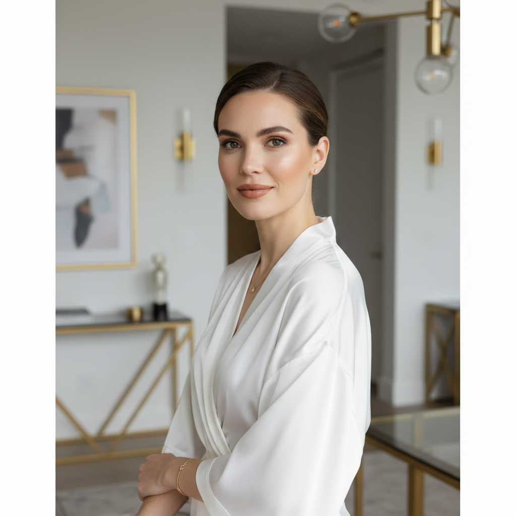 Mulher elegante de robe branco em ambiente minimalista